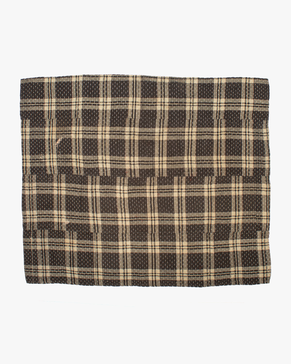 Vintage Boro Blanket, Indigo Patchwork and Muted Gray and Yellow Plaid
