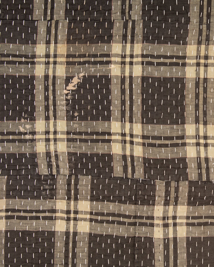 Vintage Boro Blanket, Indigo Patchwork and Muted Gray and Yellow Plaid