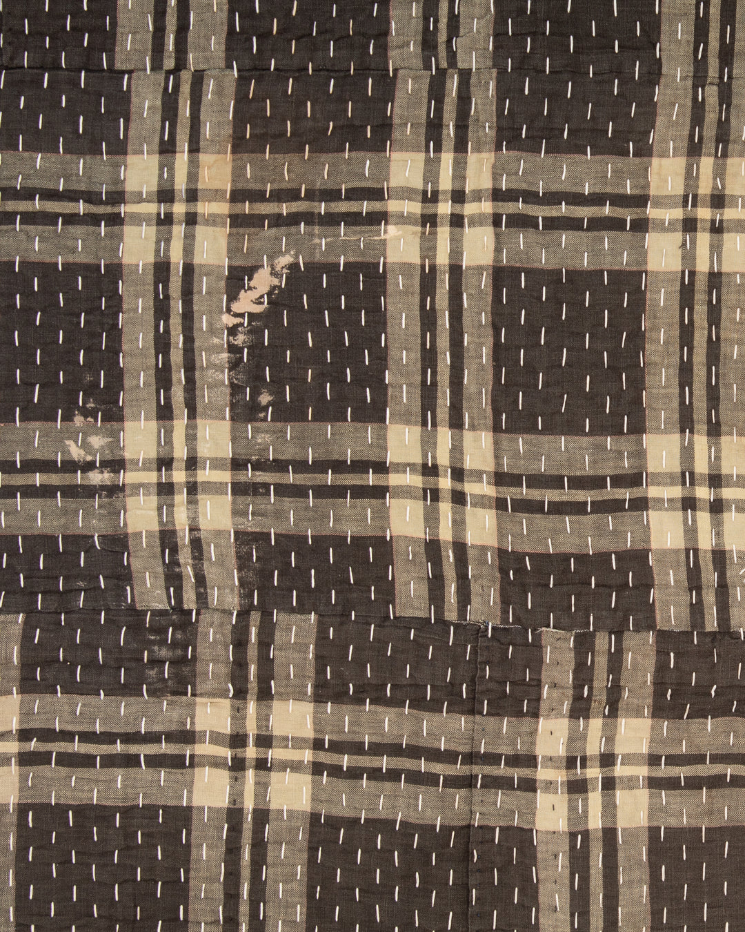 Vintage Boro Blanket, Indigo Patchwork and Muted Gray and Yellow Plaid