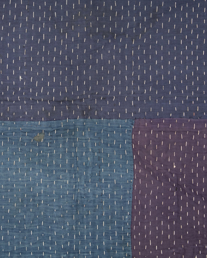 Vintage Boro Blanket, Indigo Patchwork and Muted Gray and Yellow Plaid