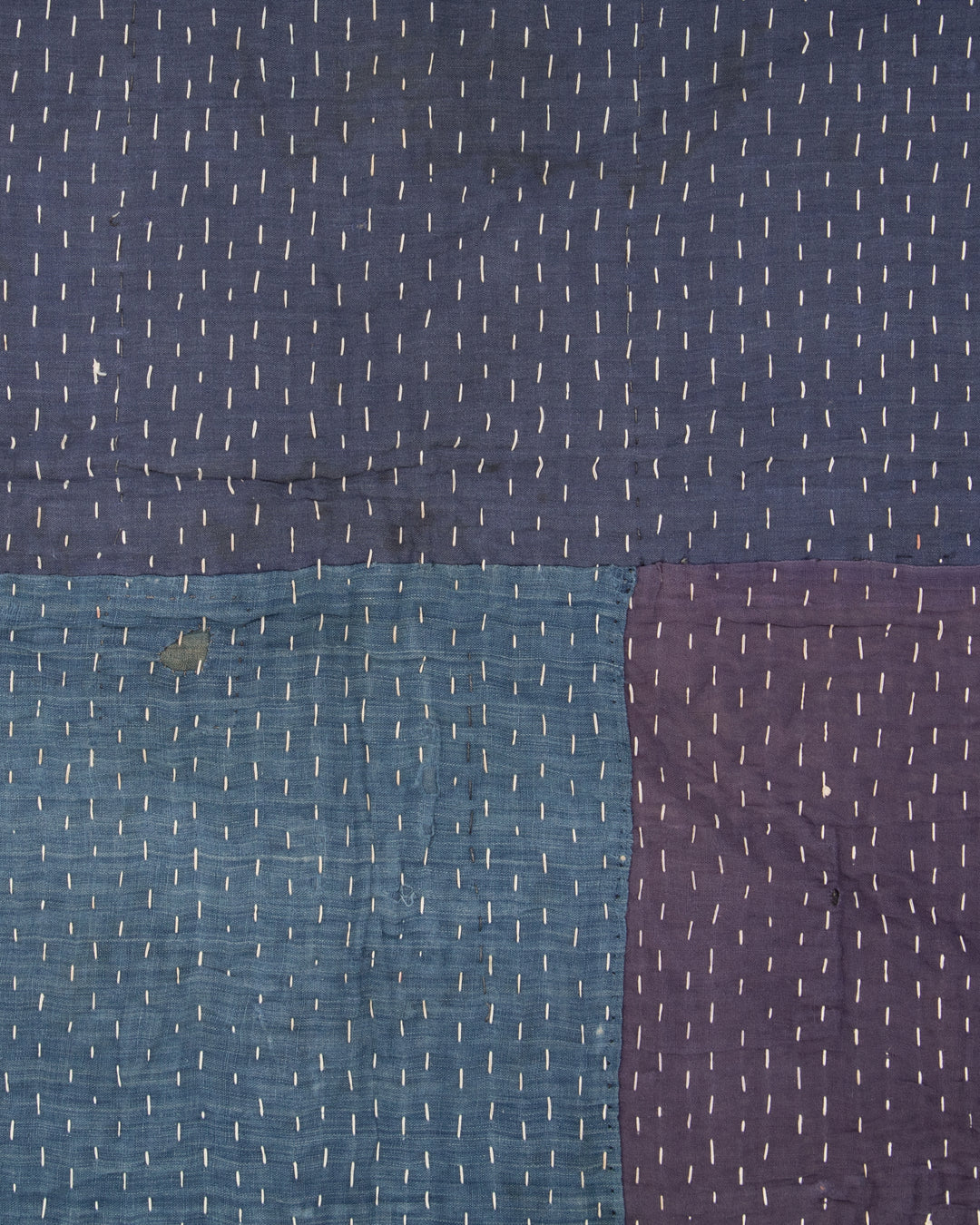 Vintage Boro Blanket, Indigo Patchwork and Muted Gray and Yellow Plaid