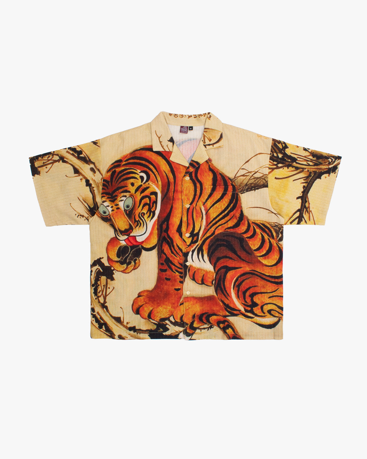 Short sleeve button-up shirt with Ye Tora tiger pattern by Kiriko Made