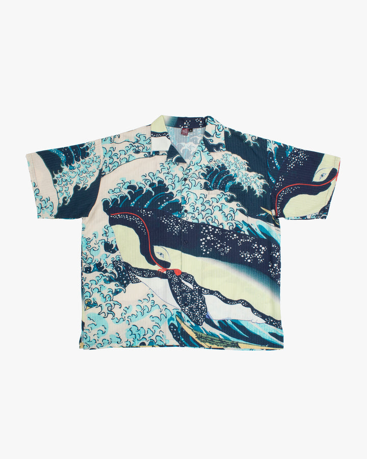Short sleeve button-up shirt with Kujira whale pattern by Kiriko Made