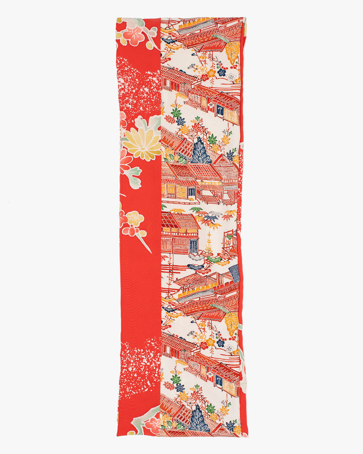 Kiriko Original Scarf, Infinity, Kimono, Red Floral and Multicolor Scenery