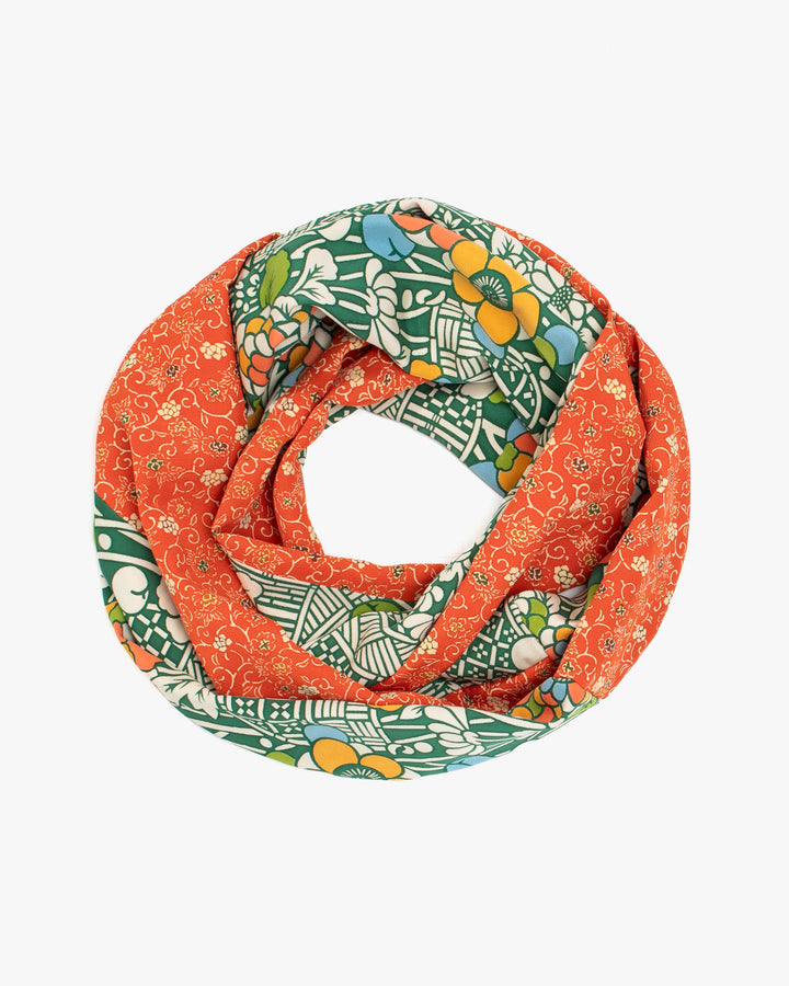 Kiriko Original Scarf, Infinity, Kimono, Orange and Green Floral with Multicolor Accents