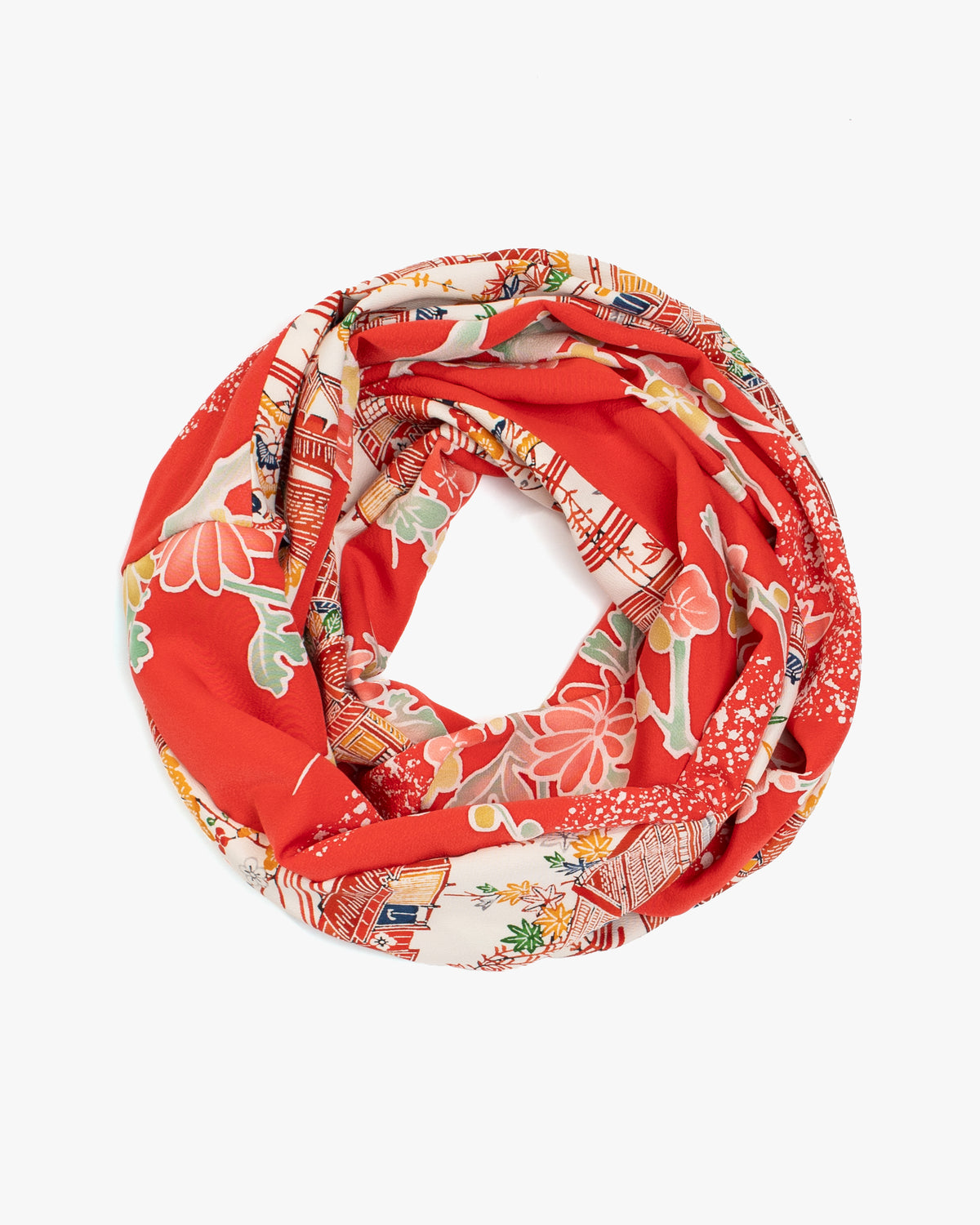 Kiriko Original Scarf, Infinity, Kimono, Red Floral and Multicolor Scenery