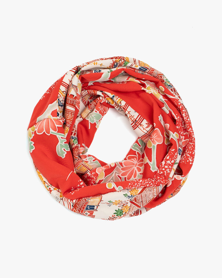 Kiriko Original Scarf, Infinity, Kimono, Red Floral and Multicolor Scenery