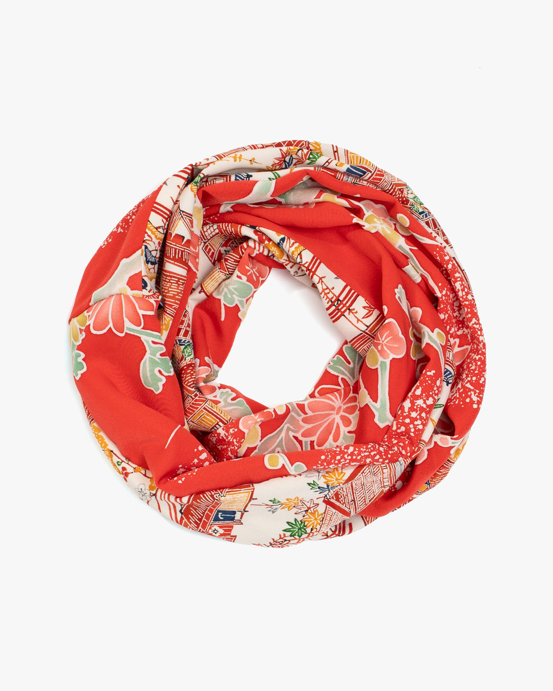 Kiriko Original Scarf, Infinity, Kimono, Red Floral and Multicolor Scenery