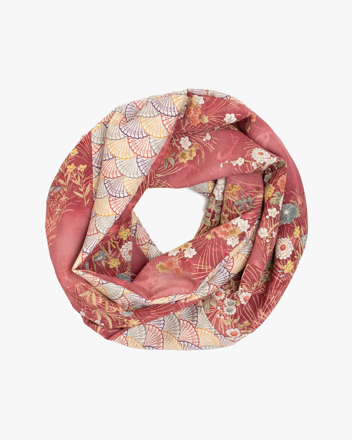 Kiriko Original Scarf, Infinity, Kimono, Deep Pink Floral and Multicolor Uchiwa