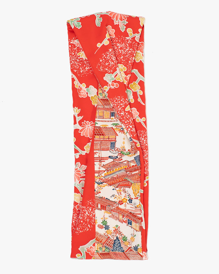 Kiriko Original Scarf, Infinity, Kimono, Red Floral and Multicolor Scenery