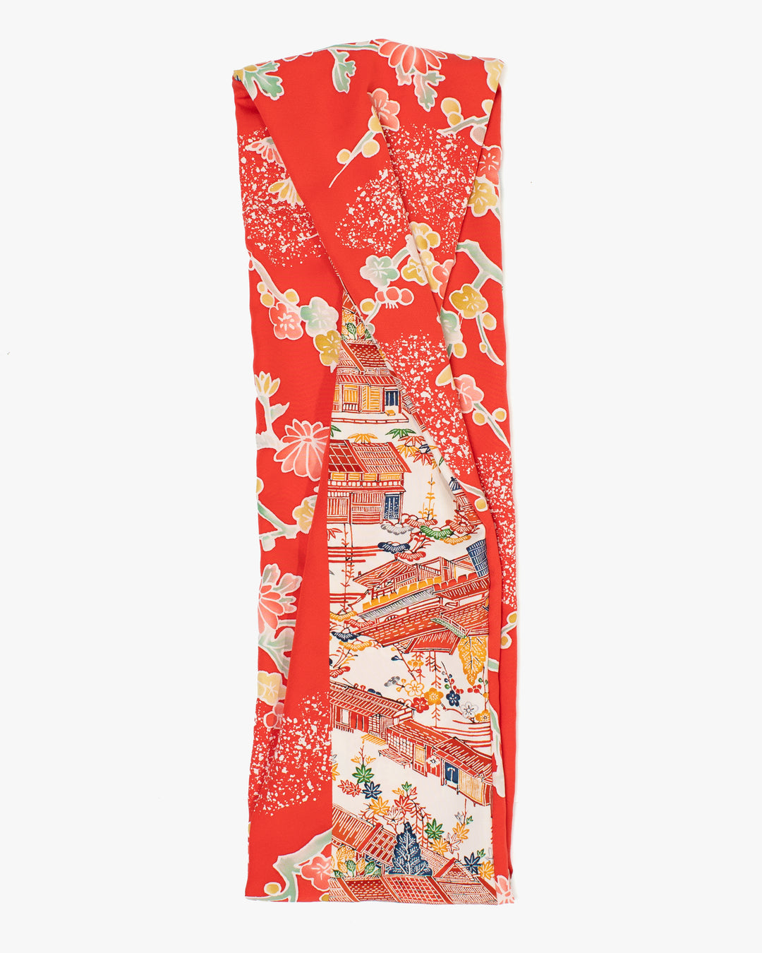 Kiriko Original Scarf, Infinity, Kimono, Red Floral and Multicolor Scenery