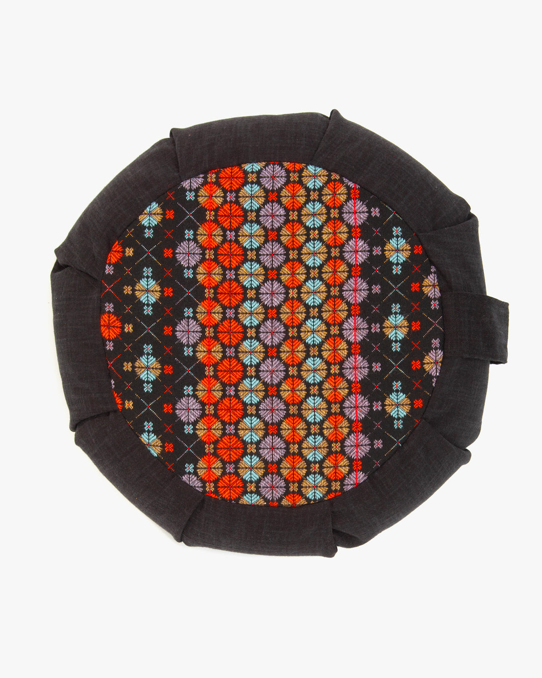 Kiriko Original Meditation Pillow, Two-Tone Zafu, Black and Multicolor Chrysanthemum Jacquard