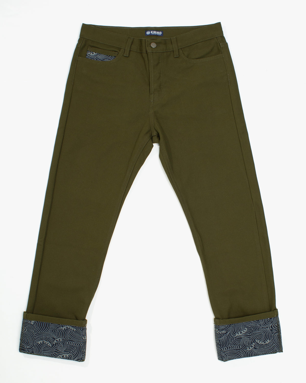 Olive canvas pants with Nami wave pattern by Kiriko Made