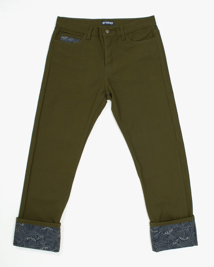 Olive canvas pants with Nami wave pattern by Kiriko Made