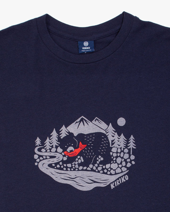 Kiriko Original Tee, 4 oz. US Made, Kuma with Embroidered Fish, Navy