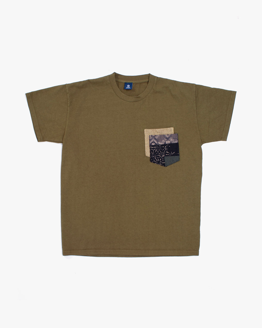 Kiriko Original Tee, 8 oz. US Made, Double Pocket Tee, Green, Yellow Shibori and Indigo Patchwork Style