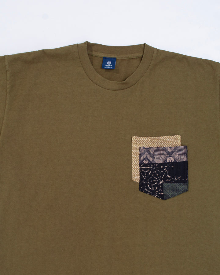 Kiriko Original Tee, 8 oz. US Made, Double Pocket Tee, Green, Yellow Shibori and Indigo Patchwork Style