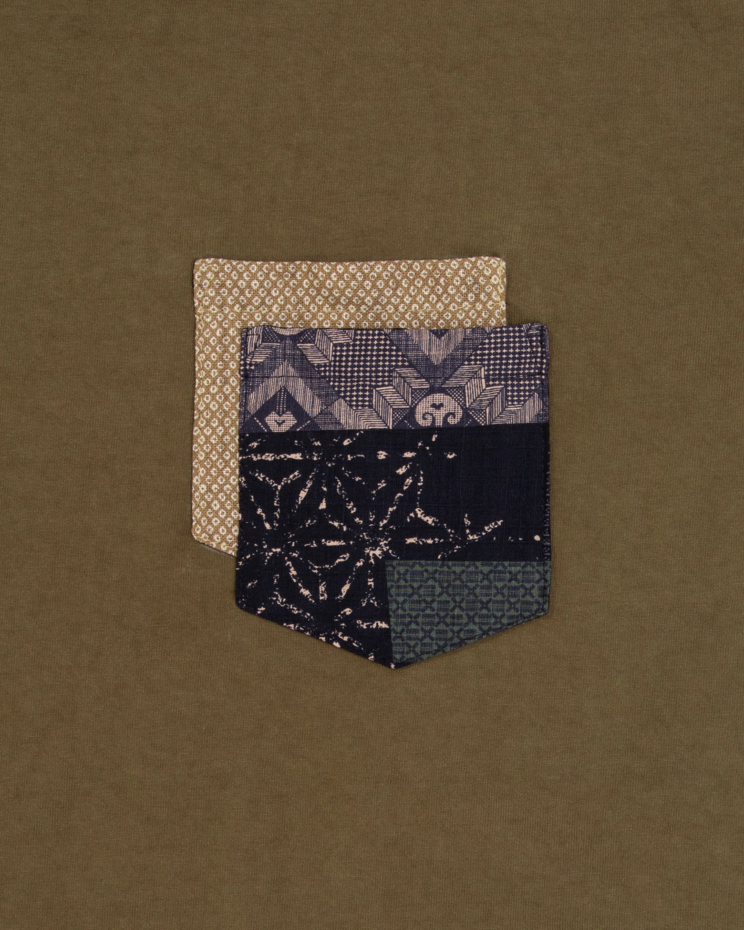 Kiriko Original Tee, 8 oz. US Made, Double Pocket Tee, Green, Yellow Shibori and Indigo Patchwork Style