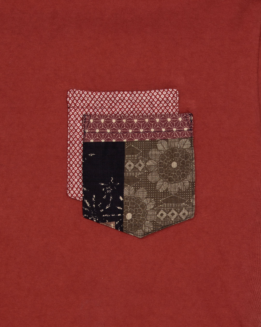 Kiriko Original Tee, 8 oz. US Made, Double Pocket Tee, Orange Red, Red Shibori and Brown Patchwork Style