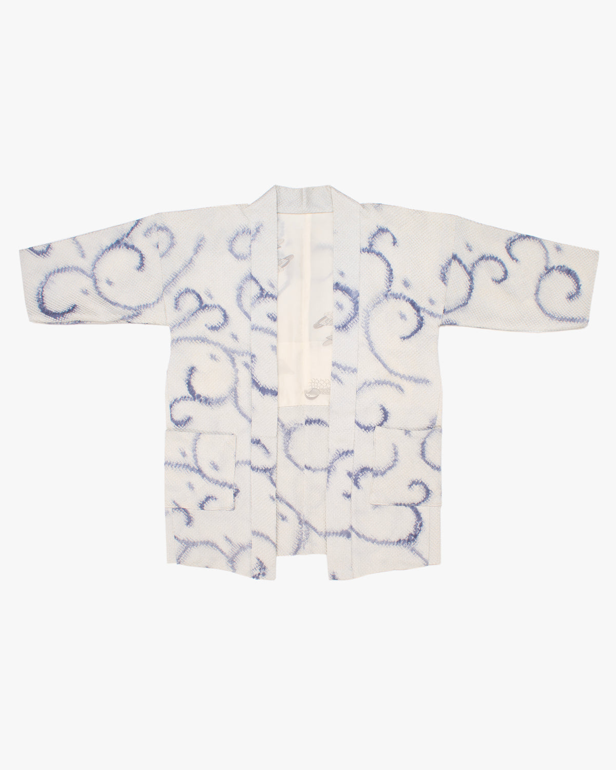 Kiriko Custom, Altered Haori Jacket, Full Shibori, Blue Karakusa Swirls
