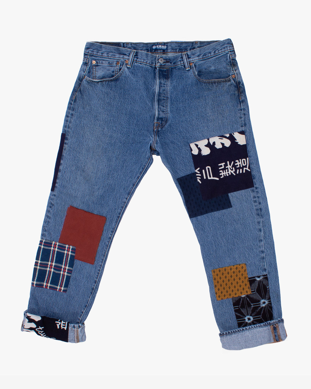 Kiriko Custom Denim Jeans, Patched Vintage Maekake and Sashi-ori, Levi&