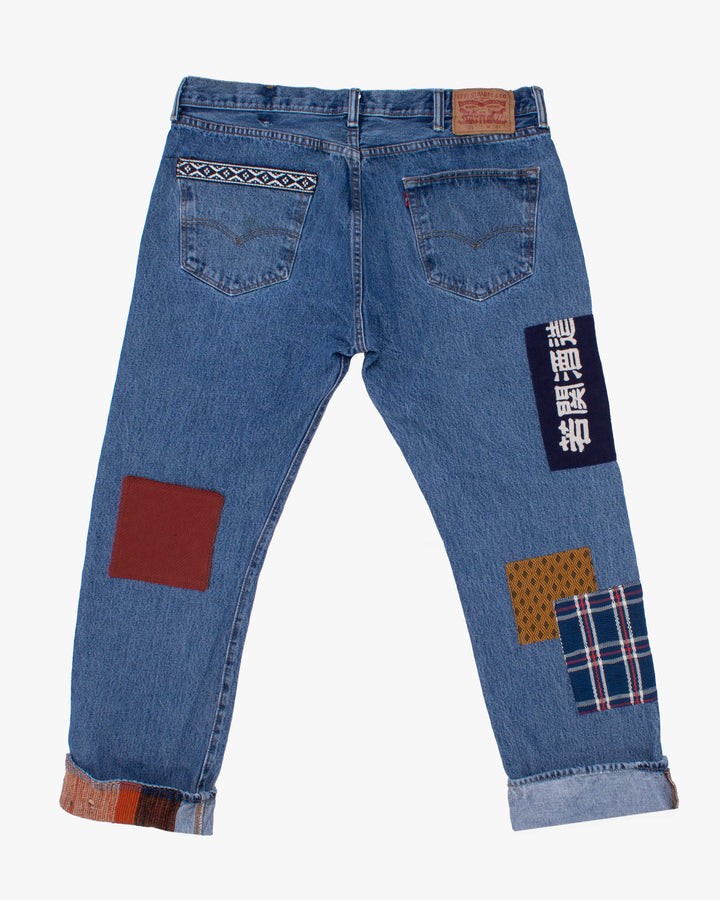 Kiriko Custom Denim Jeans, Patched Vintage Maekake and Sashi-ori, Levi&