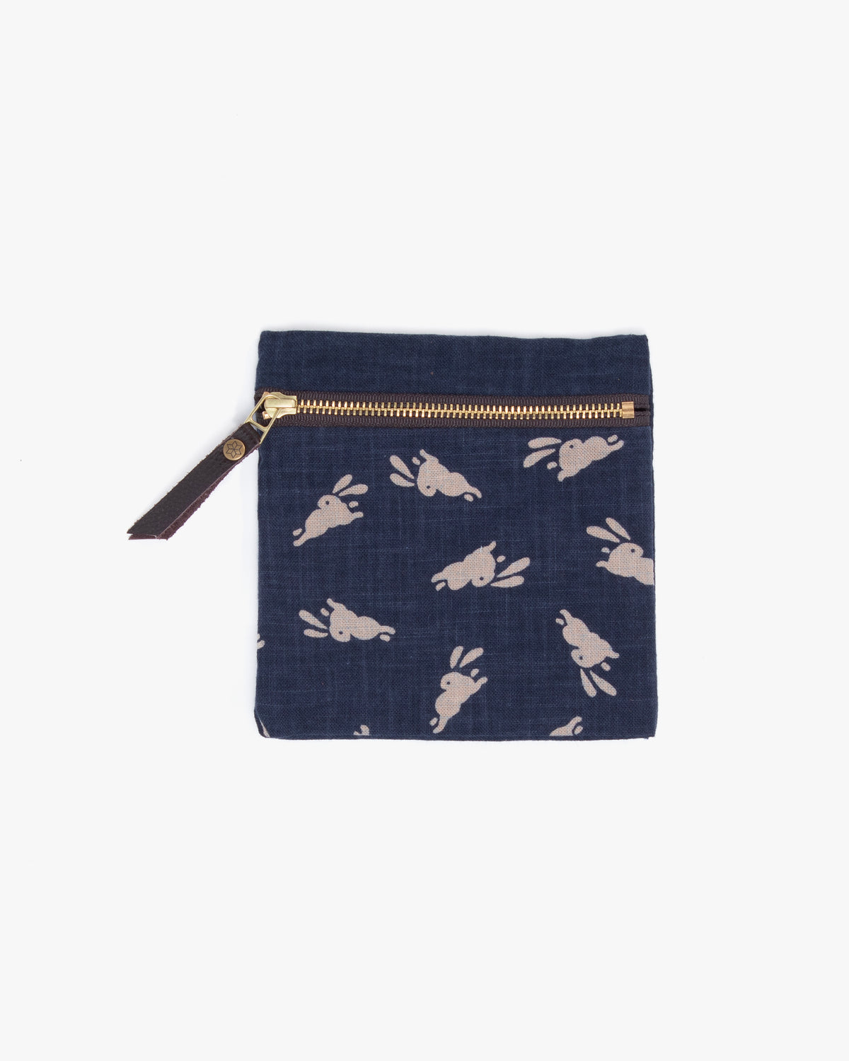 Two-tone indigo zipper pouch with usagi rabbit pattern by Kiriko Made