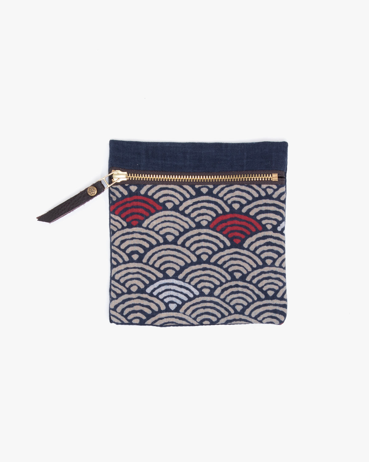 Kiriko Original Flat Small Zipper Pouch, Two Tone Indigo Seigaiha with Red