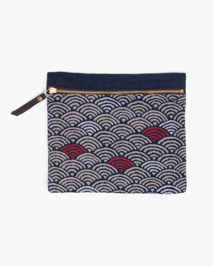 Kiriko Original Flat Medium Zipper Pouch, Two Tone Indigo Seigaiha with Red