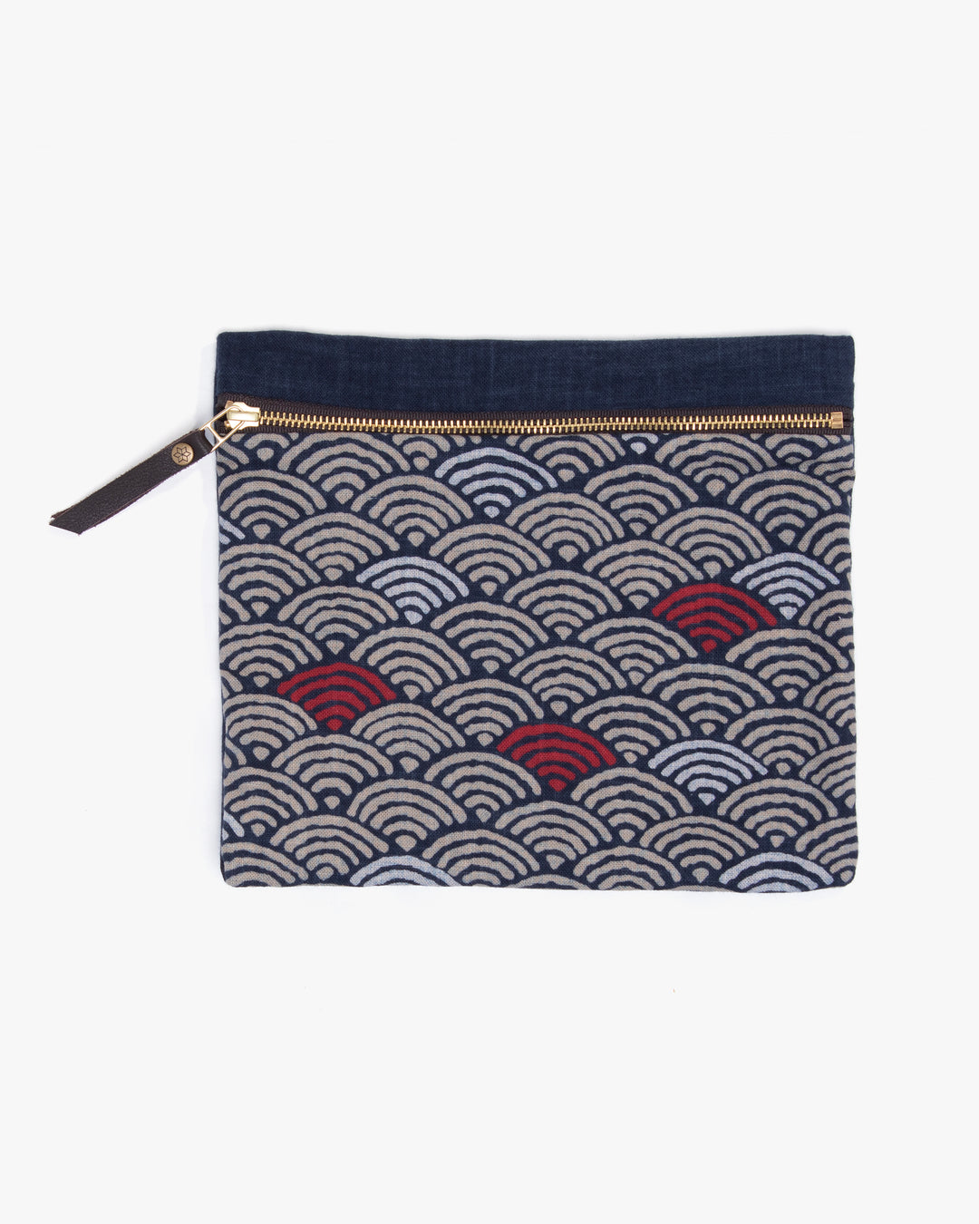 Kiriko Original Flat Medium Zipper Pouch, Two Tone Indigo Seigaiha with Red