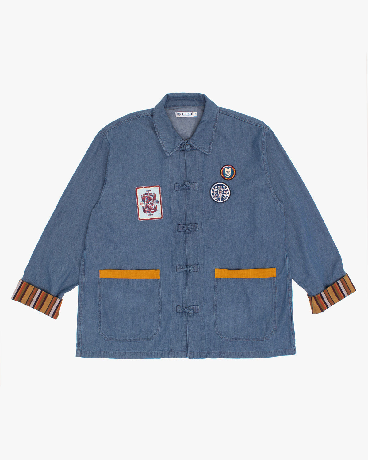 Kiriko Original Lightweight Mandarin Jacket, Light Indigo Denim with Patches and Yellow Shima
