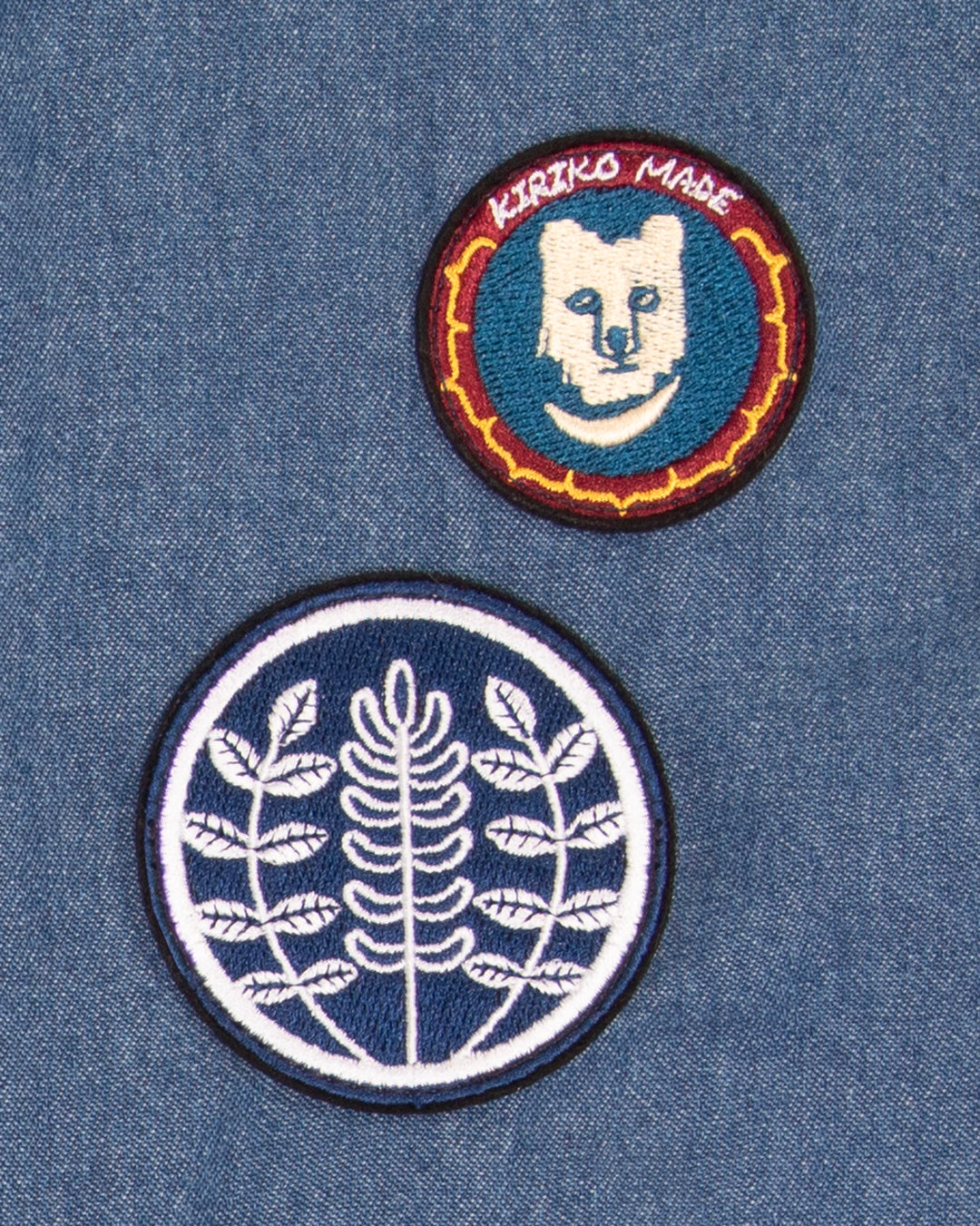 Kiriko Original Lightweight Mandarin Jacket, Light Indigo Denim with Patches and Yellow Shima