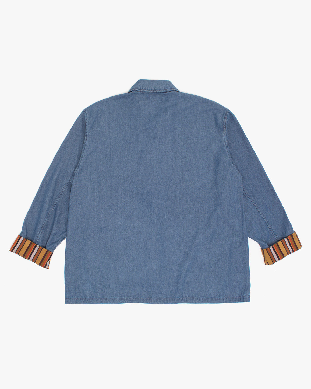 Kiriko Original Lightweight Mandarin Jacket, Light Indigo Denim with Patches and Yellow Shima