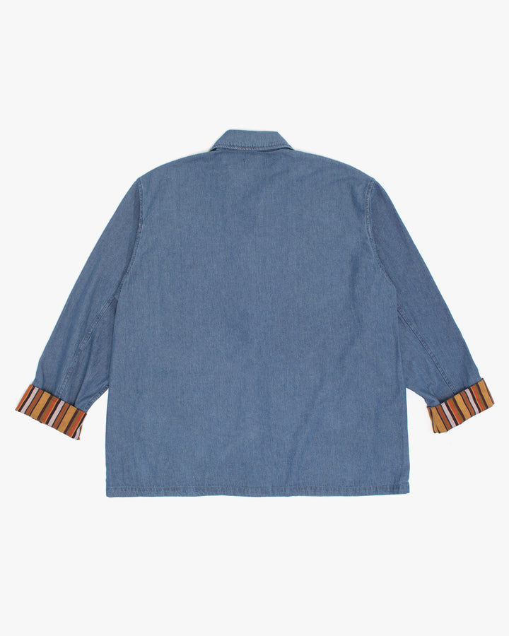 Kiriko Original Lightweight Mandarin Jacket, Light Indigo Denim with Patches and Yellow Shima