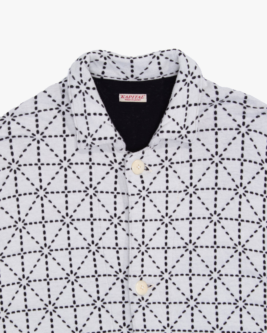 Japanese Repro Chore Coat, XL, Kapital, White with Black Geometric Pattern