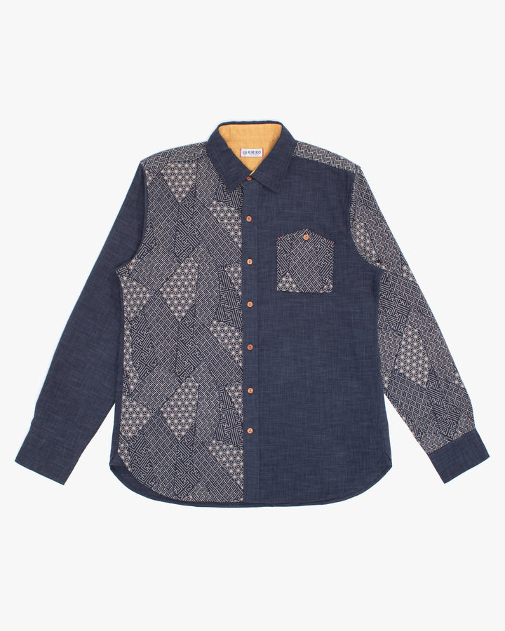 Long sleeve button-up shirt in indigo split small multi pattern by Kiriko Made