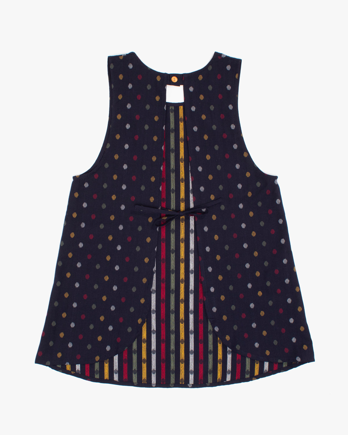 ToK Japanese Apron, Indigo Pockets, Indigo with Red, Yellow, Green, and White Dots
