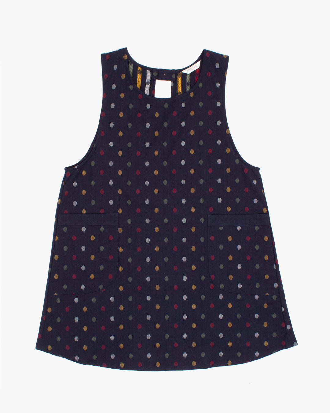 ToK Japanese Apron, Indigo Pockets, Indigo with Red, Yellow, Green, and White Dots