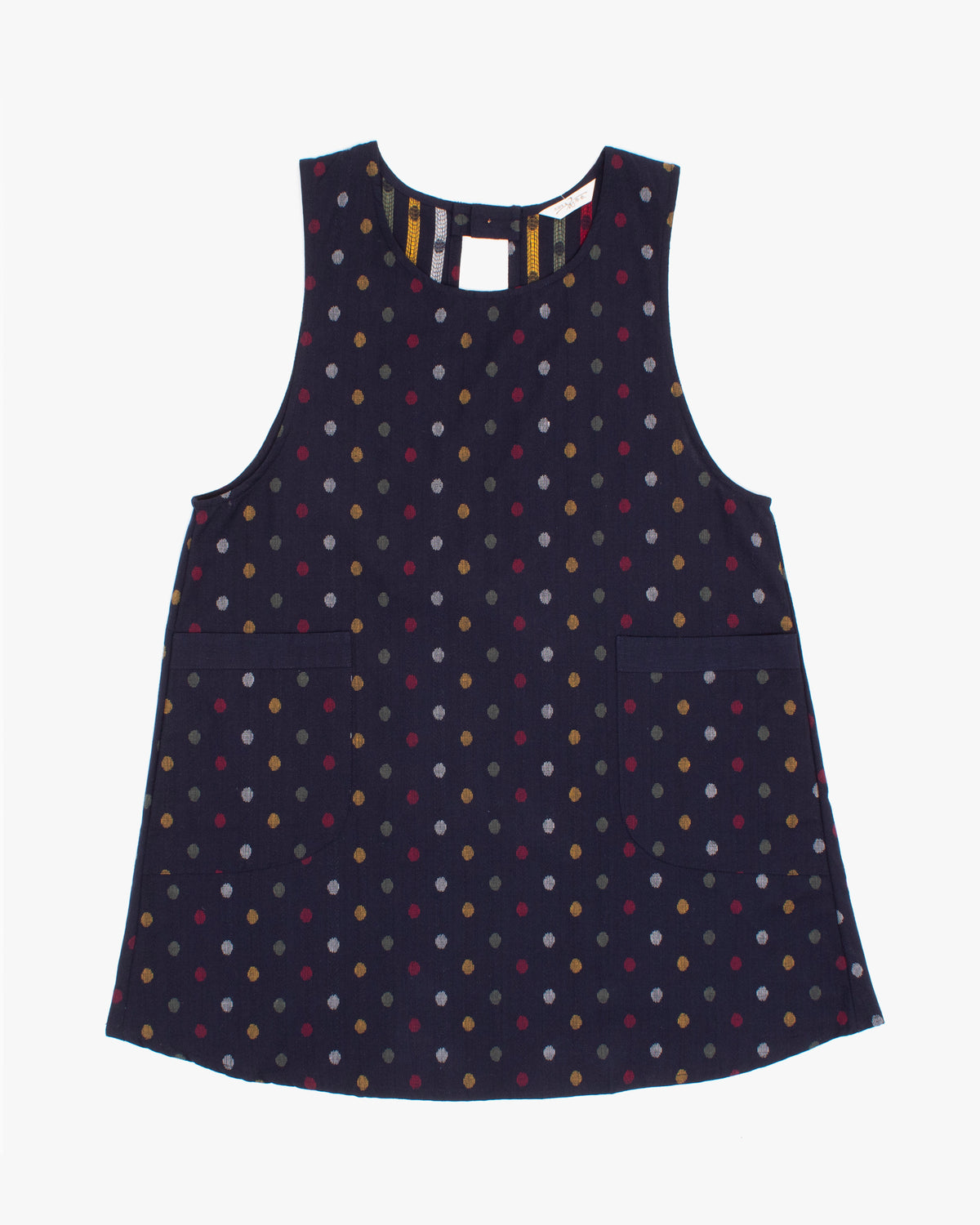 ToK Japanese Apron, Indigo Pockets, Indigo with Red, Yellow, Green, and White Dots