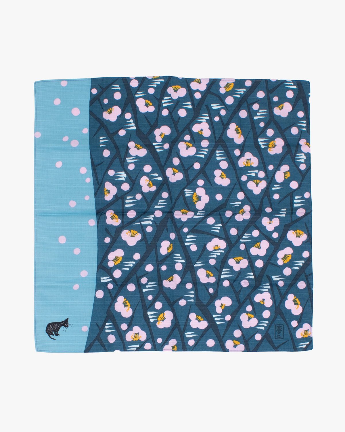 Modern Furoshiki, Musubi, Yumeji Takehisa, Japanese Apricot and Cat, Blue, 19 x 19