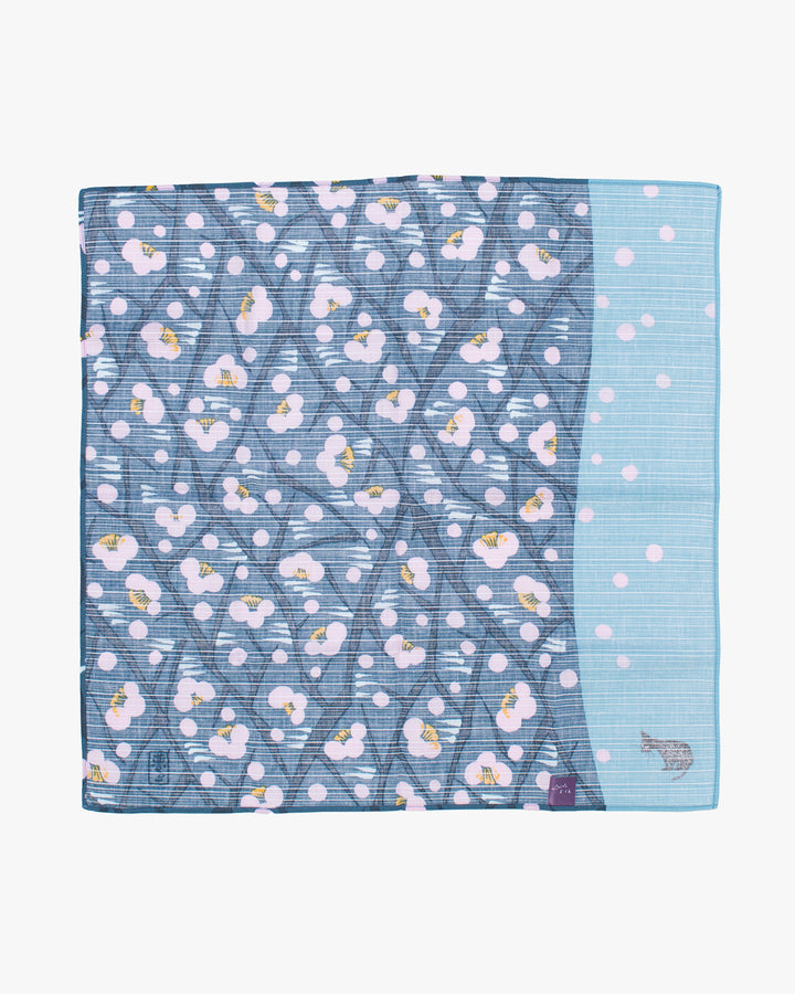 Modern Furoshiki, Musubi, Yumeji Takehisa, Japanese Apricot and Cat, Blue, 19 x 19