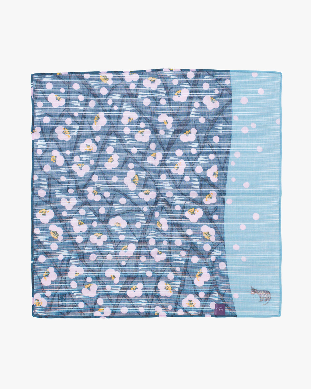 Modern Furoshiki, Musubi, Yumeji Takehisa, Japanese Apricot and Cat, Blue, 19 x 19