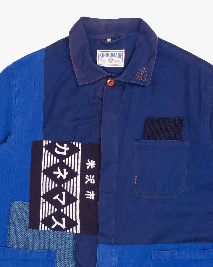 Kiriko Custom, One of a Kind Patched French Workman Jacket, Blue Patched Apron Fabric - 3