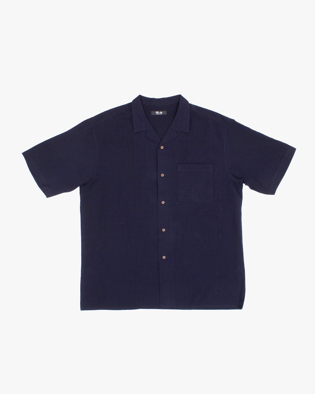 ToK Shirt, Short Sleeve Button-Up, Open Collar, Chijimi Weave Indigo Shima