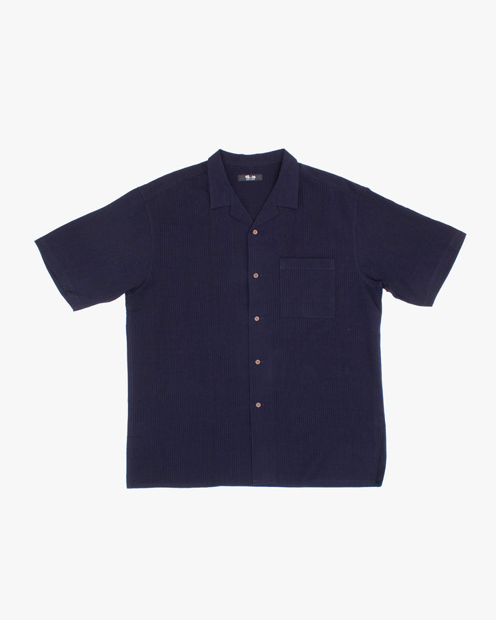 ToK Shirt, Short Sleeve Button-Up, Open Collar, Chijimi Weave Indigo Shima