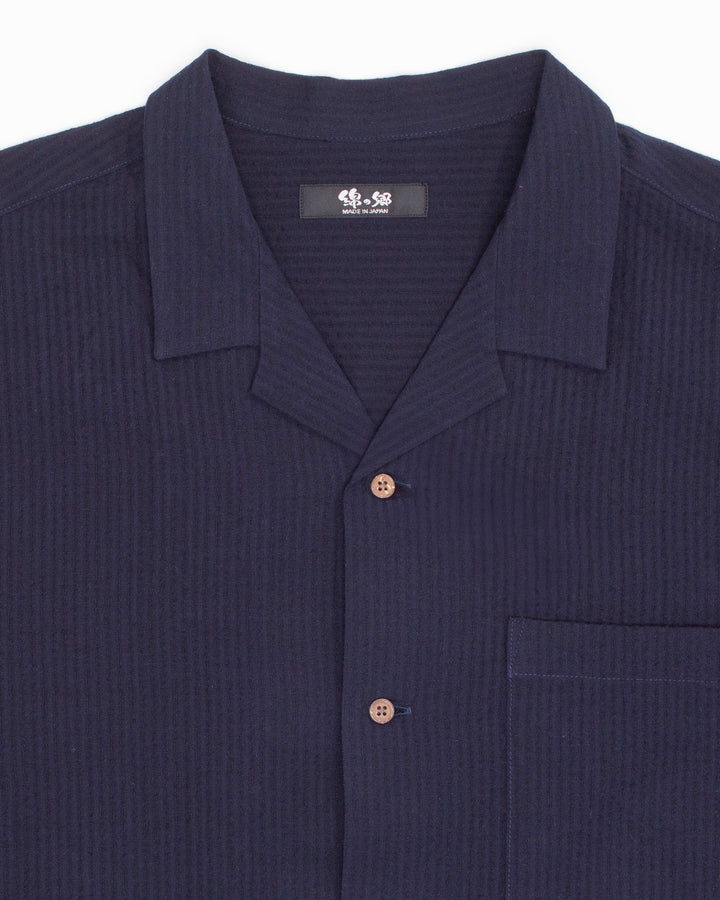 ToK Shirt, Short Sleeve Button-Up, Open Collar, Chijimi Weave Indigo Shima