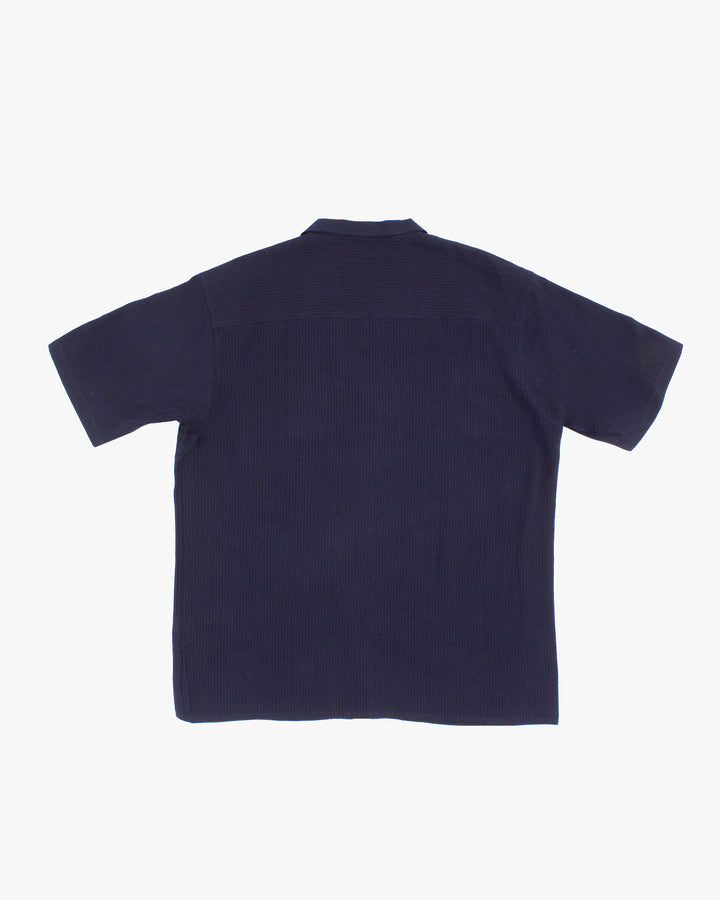 ToK Shirt, Short Sleeve Button-Up, Open Collar, Chijimi Weave Indigo Shima