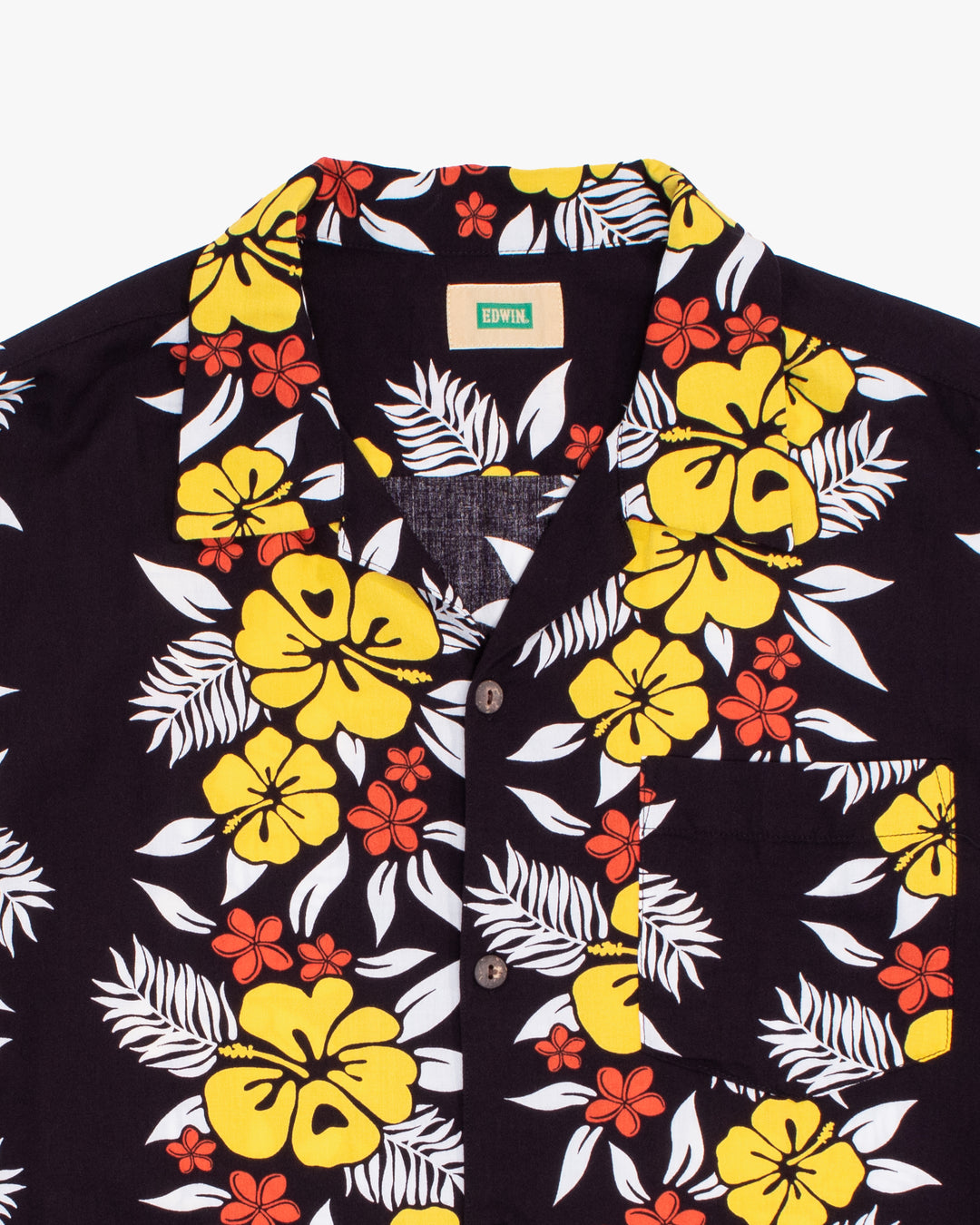 Japanese Repro Shirt, Short Sleeve Aloha Shirt, M, Edwin, Yellow Hibiscus Flowers on Black