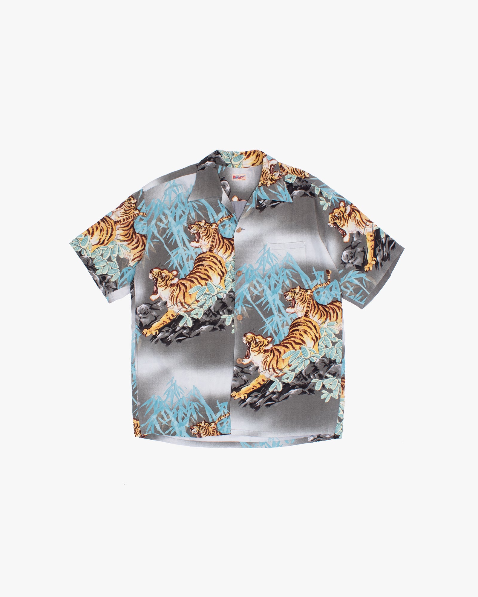 Japanese Repro Aloha Shirt, L, Toyo, Tigers and Bamboo on Grey