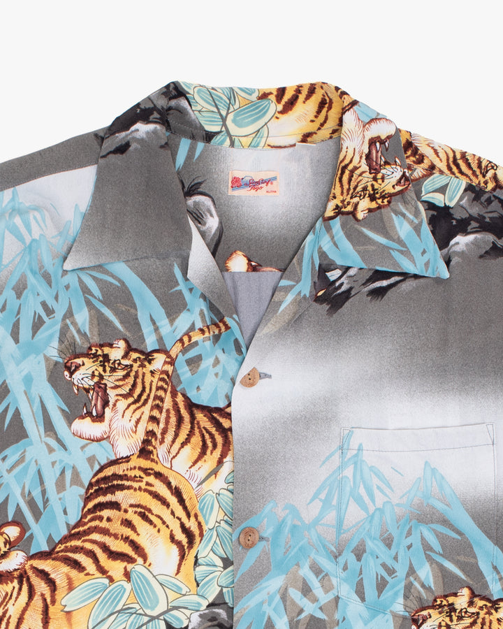 Japanese Repro Shirt, Short Sleeve Aloha Shirt, L, Toyo Enterprises, Tigers and Bamboo on Grey